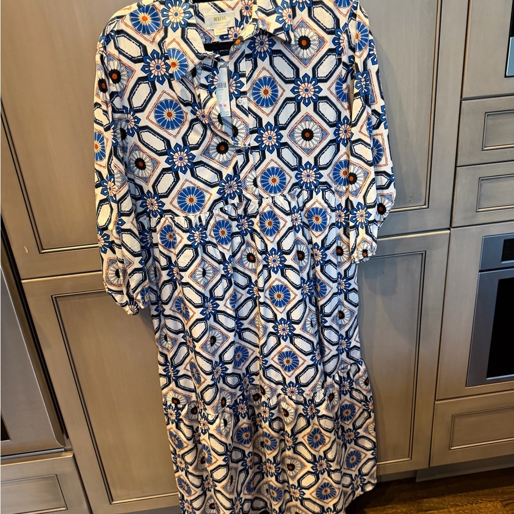 NWT, Anthropologie Maeve 3/4 Sleeve Dress in Blue and White
